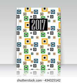 Abstract composition. Text frame surface. Brochure cover backdrop. White title sheet. Creative vector logo figure. Ad banner form texture. Blue, yellow, green square icon. Pastel box block flyer fiber