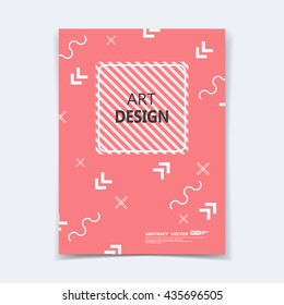 Abstract composition. Text frame surface. A4 brochure cover. Orange coral ttitle sheet. Creative logo figure. Ad banner form texture. Arrow, zig-zag, dagger cross, square, lines icon. Flyer backdrop.