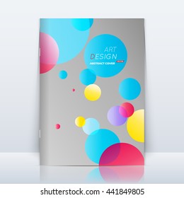Abstract composition. Text frame surface. A4 brochure cover. White title sheet. Creative logo figure. Ad banner form texture. Blue, yellow, pink circle icon. Round bubble flyer fiber. Vector backdrop.