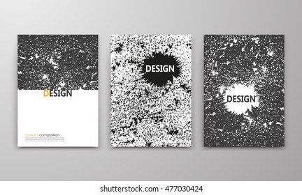 Abstract composition. Text frame surface. Black, white a4 brochure cover design. Title sheet model set. Explosion dust icon. Creative vector front page. Ad banner form texture. Grunge flyer fiber font