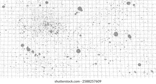 Abstract composition with textured checkered paper base, dotted halftone pattern, bold splattered paint and gritty ink stains.