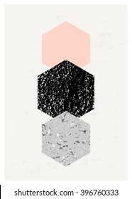 Abstract composition with textured geometric shapes in black, gray and pastel pink. Minimalist and modern poster, brochure, card design.