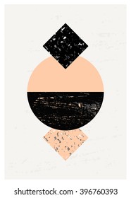 Abstract composition with textured geometric shapes in black and pastel pink. Minimalist and modern poster, brochure, card design.