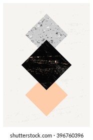 Abstract composition with textured geometric shapes in black, gray and pastel pink. Minimalist and modern poster, brochure, card design.