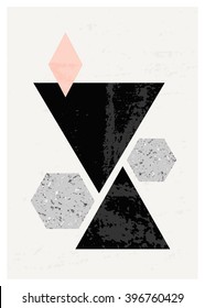 Abstract composition with textured geometric shapes in black, gray and pastel pink. Minimalist and modern poster, brochure, card design.