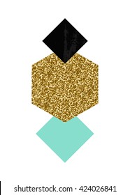 Abstract composition with textured geometric shapes in black, turquoise green and gold glitter. Minimalist and modern poster, brochure, card design.