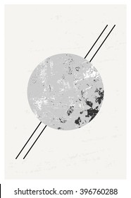 Abstract composition with textured round shape in black, gray and white. Minimalist and modern poster, brochure, card design.