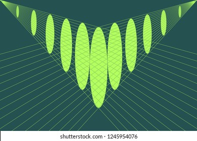 Abstract composition of thin, straight, color, diagonal lines on a dark background with color oval shapes. Vector image.