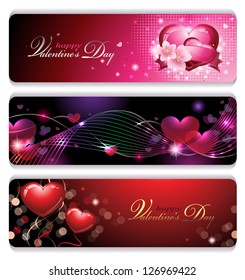 Abstract Composition of Three Shiny Colorful Valentine's Banners with lots of Elements for Holiday Decoration.