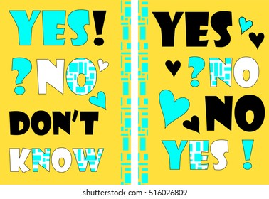 Abstract composition, title sheet, creative text, figure yes-no.  Vector illustration isolated on orange background.