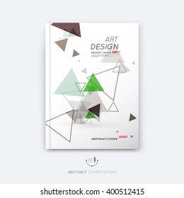 Abstract composition, triangular construction font texture, green, black triangle section surface, white a4 brochure title sheet, creative figure vector art, commercial offer flyer fiber, banner form
