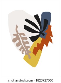 Composición abstracta con hojas y formas tropicales. Obra de arte dibujada a mano vectora para afiches, tarjetas, interiores, impresos, textiles.