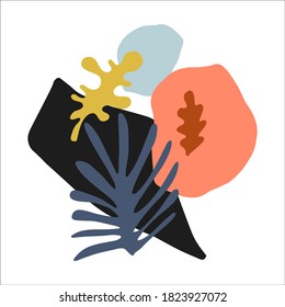 Composición abstracta con hojas y formas tropicales. Obra de arte dibujada a mano vectora para afiches, tarjetas, interiores, impresos, textiles.