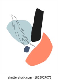 Abstract composition with tropical leaves and shapes. Vector hand drawn artwork for poster, card, interior, print, textile.