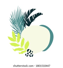 Abstract composition of tropical plant palm leaf, geometric figures and animal pattern. Vector illustration. Place for text.