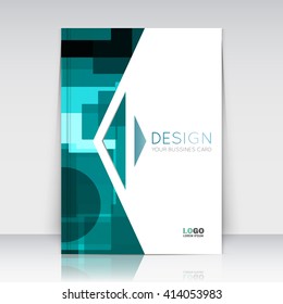 Abstract composition. Turquoise figures texture. Green circle, square, triangle part  construction. Arrow trademark section. Brochure title sheet. Creative logo icon surface. Banner form. Flyer font.