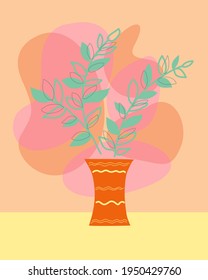 Abstract composition vase with flowers on a yellow table and orange background