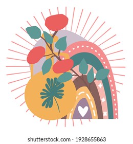 Abstract composition of vase fruits, rainbow, sun and leaves