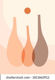 Composición abstracta con jarrones. Ilustración vectorial. Afiche bohemio. Impresión artística de mediados de siglo.