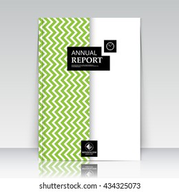 Abstract composition. Vertical zig-zag lines section. Green, white ad surface icon. Logo figure. A4 brochure title sheet. Creative black text frame construction. Firm banner form image. Flier panel