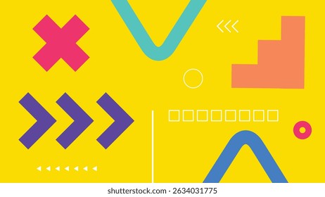 Abstract composition with vibrant arrows, crosses, and stair shapes on yellow. Eye-catching background for social media or print