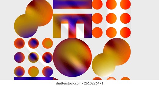 Abstract composition. Vibrant circles, rectangles, gradients. Purple, orange, gold tones dominate. Modern design, playful shapes, dynamic arrangement. Minimalist aesthetic.