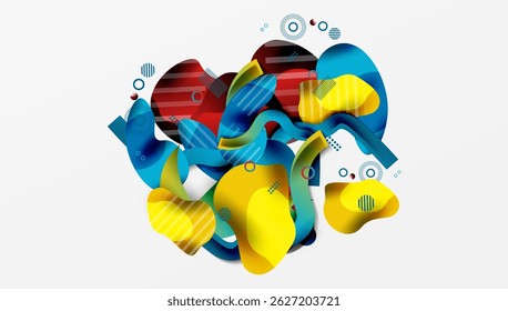 Abstract composition. Vibrant shapes overlap, creating dynamic visual texture. Colors blend, forming complex, modern design.