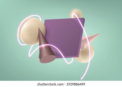 Composición abstracta de figuras geométricas volumétricas en vuelo. Línea de neón brillante alrededor de formas en el fondo. Bolas, conos, cubo en colores pastel.