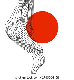Abstract composition of wavy lines. Background in Japanese style with red sun.