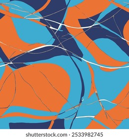 abstract composition in which orange, blue and dark blue colors come together with wavy and curved shapes