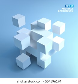 Abstract composition from white 3d cubes with shadows on blue grey background vector illustration
