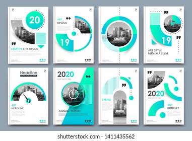 Abstract composition. White a4 brochure cover design. Info banner frame. Text font. Title sheet model set. Modern vector front page. Brand logo texture. Green color figures image icon. Ad flyer fiber