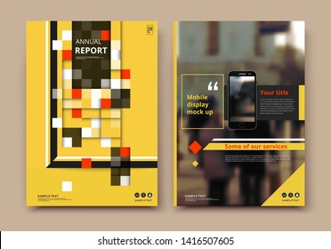 Abstract composition. White a4 brochure cover design. Info banner frame. Text font. Title sheet model set. Modern vector front page. Brand logo texture. Yellow color figures image icon. Ad flyer fiber