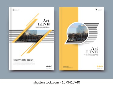 Abstract composition. White a4 brochure cover design. Info banner frame. Text font. Title sheet model set. Modern vector front page. Brand logo texture. Yellow color figures image icon. Ad flyer fiber