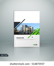 Abstract composition. White a4 brochure cover design. Info banner frame. Text font. Title sheet model. Modern vector front page. Brand logo texture. Green, black figures image icon. Ad flyer fiber