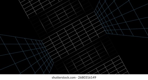 Abstract composition of white and blue grid lines on a black background, creating a dynamic, futuristic technology and geometric pattern.