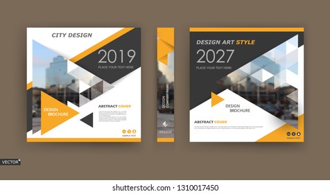 Abstract composition. White brochure cover design. Info banner frame. Text font. Title sheet model set. Modern vector front page. City view texture. Yellow triangle figures image icon. Ad flyer fiber