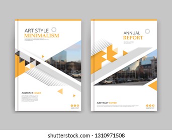 Abstract composition. White brochure cover design. Info banner frame. Text font. Title sheet model set. Modern vector front page. City view texture. Yellow triangle figures image icon. Ad flyer fiber