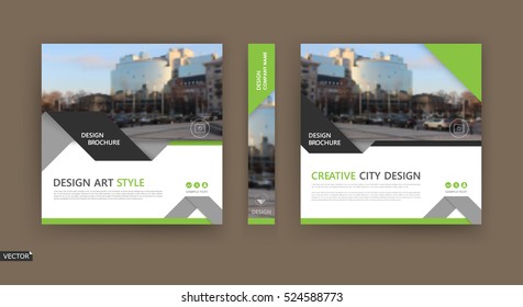 Abstract composition. White brochure cover design. Info banner frame. Text font. Title sheet model set. Modern vector front page. City view texture. Green triangle figures image icon. Ad flyer fiber