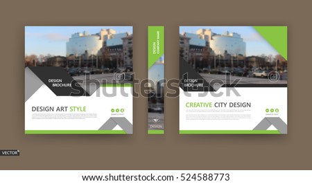 Abstract composition. White brochure cover design. Info banner frame. Text font. Title sheet model set. Modern vector front page. City view texture. Green triangle figures image icon. Ad flyer fiber