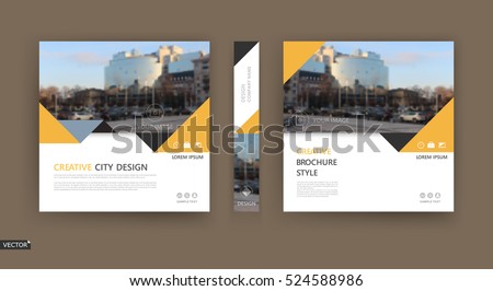 Abstract composition. White brochure cover design. Info banner frame. Text font. Title sheet model set. Modern vector front page. City view texture. Yellow triangle figures image icon. Ad flyer fiber
