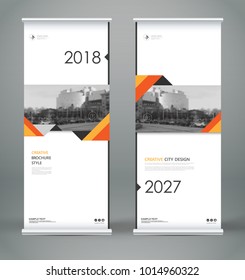 Abstract composition. White roll up brochure cover design. Info banner frame. Text font. Title sheet model set. Modern vector front page. City view brand flag. Triangle figures icon. Ad flyer fiber