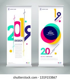 Abstract composition. White roll up brochure cover design. Info banner frame. Text font. Title sheet model set. Modern vector front page art. Circle parts brand flag. Round figure icon. Ad flyer 2019