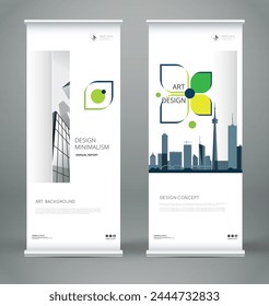 Abstract composition. White roll up brochure cover design. Info banner frame. Text font. Title sheet model set. Modern vector front page. City view brand flag. Circle figures icon. Ad flyer fiber