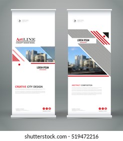 Abstract composition. White roll up brochure cover design. Info banner frame. Text font. Title sheet model set. Modern front page. City view brand flag. Red, black line figures icon. Ad flyer fiber