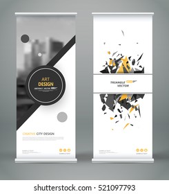 Abstract composition. White roll up brochure cover design. Info banner frame. Text font. Title sheet model set. Modern vector front page. City view brand flag. Triangle figures icon. Ad flyer fiber