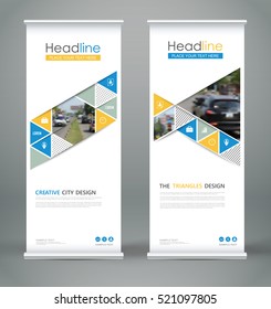 Abstract composition. White roll up brochure cover design. Info banner frame. Text font. Title sheet model set. Modern vector front page. City view brand flag. Triangle figures icon. Ad flyer fiber