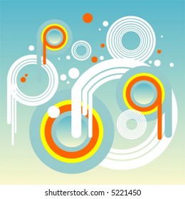 Abstract composition from white, yellow and orange circles on a blue background.