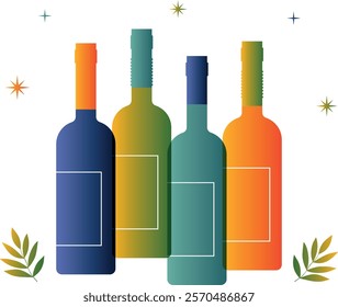 Abstract composition with wine bottles, branches and stars on a white background. Square banner design. Vector illustration.