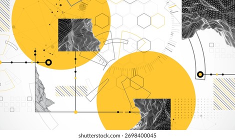 Abstract composition with wireframe mountains, geometric hexagons, dots, and lines. Vector